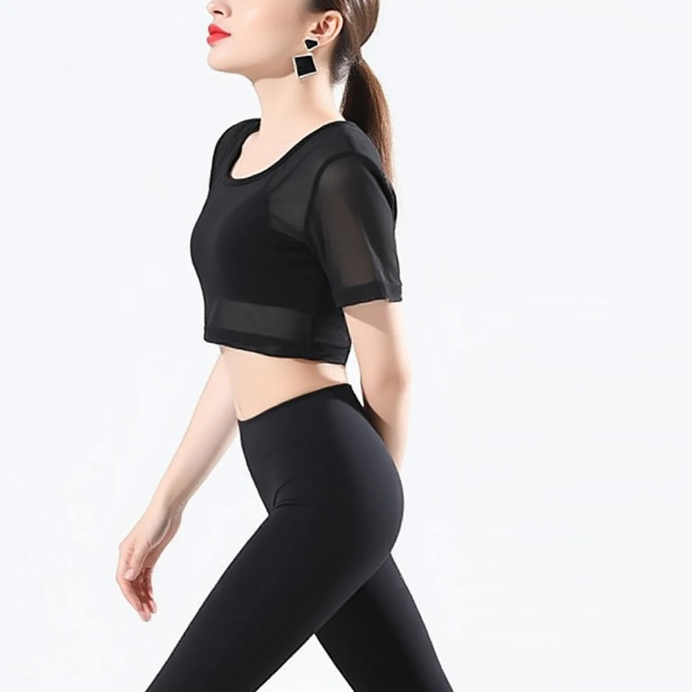 

Y2K Stretch Mesh See Through Mini T Shirts Clothing Women Modern Dance Gym Yoga Crops Top Shirt Girl O Neck Half Length T-Shirt