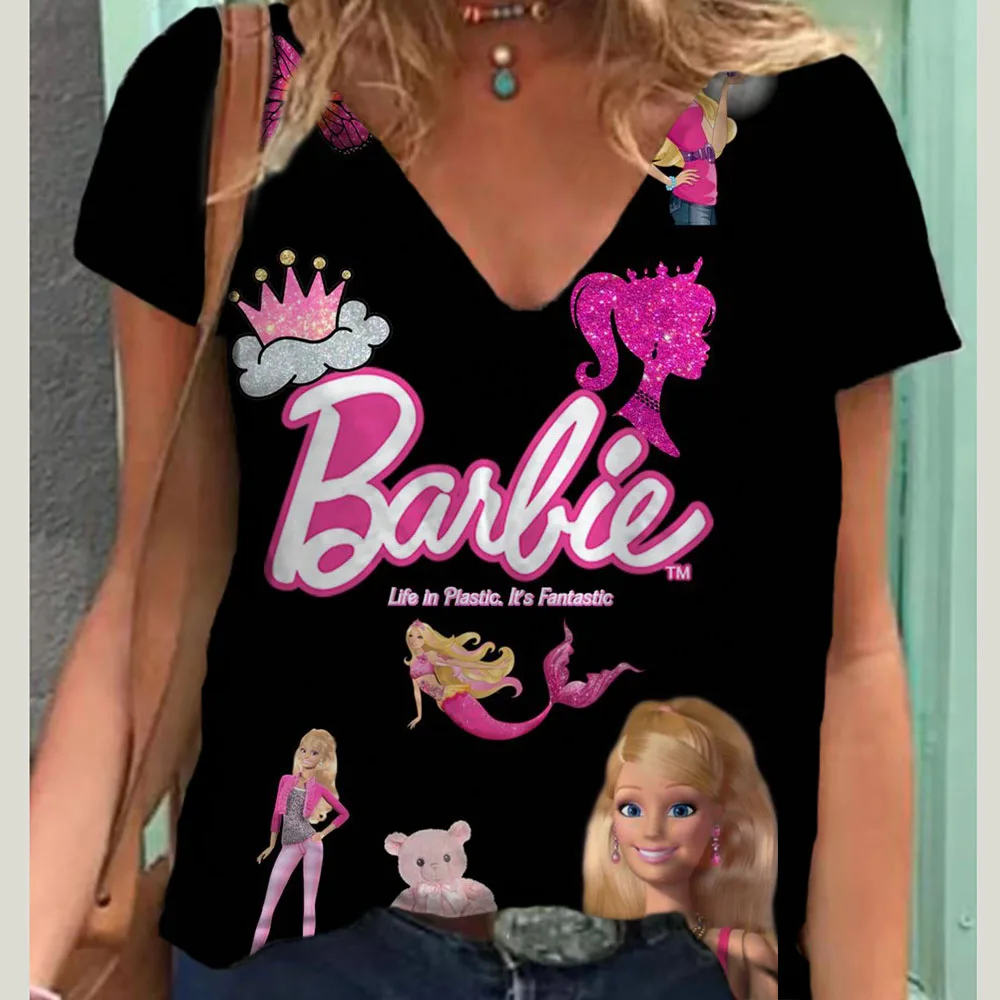 2024 New Women's T-Shirt Short-Sleeved Barbie Cartoon Spring and Summer Casual V-Neck Printed Breathable Tees Tops Gifts