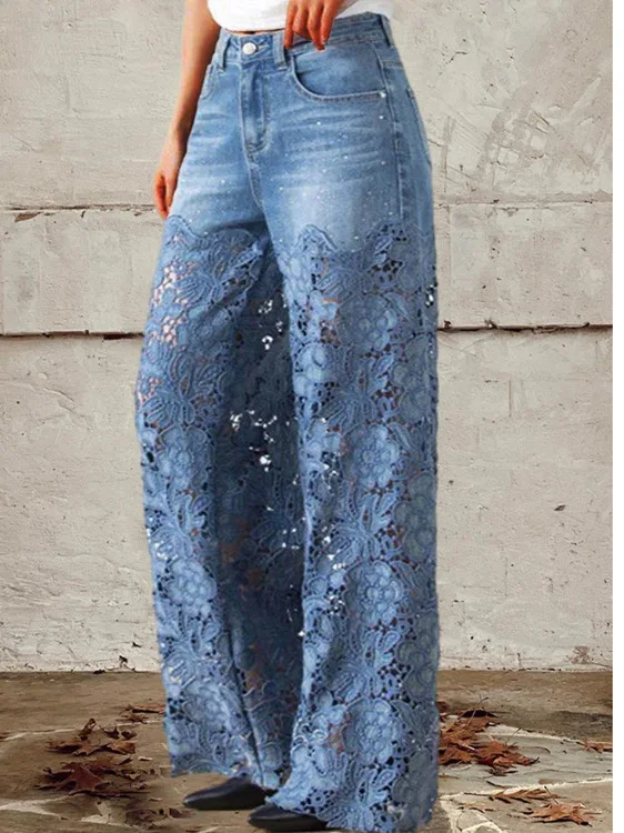 Hoge taille kant uitgehold denim wijde pijpen broek dames casual heldere pailletten rits lange broek blauwe jeans
