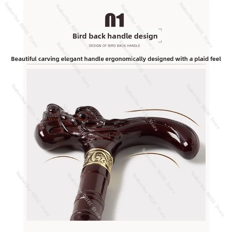Red Sandalwood Solid Wood Elderly Anti Skid Crutches Mahogany Walking Cane with Rubber Tip for Seniors