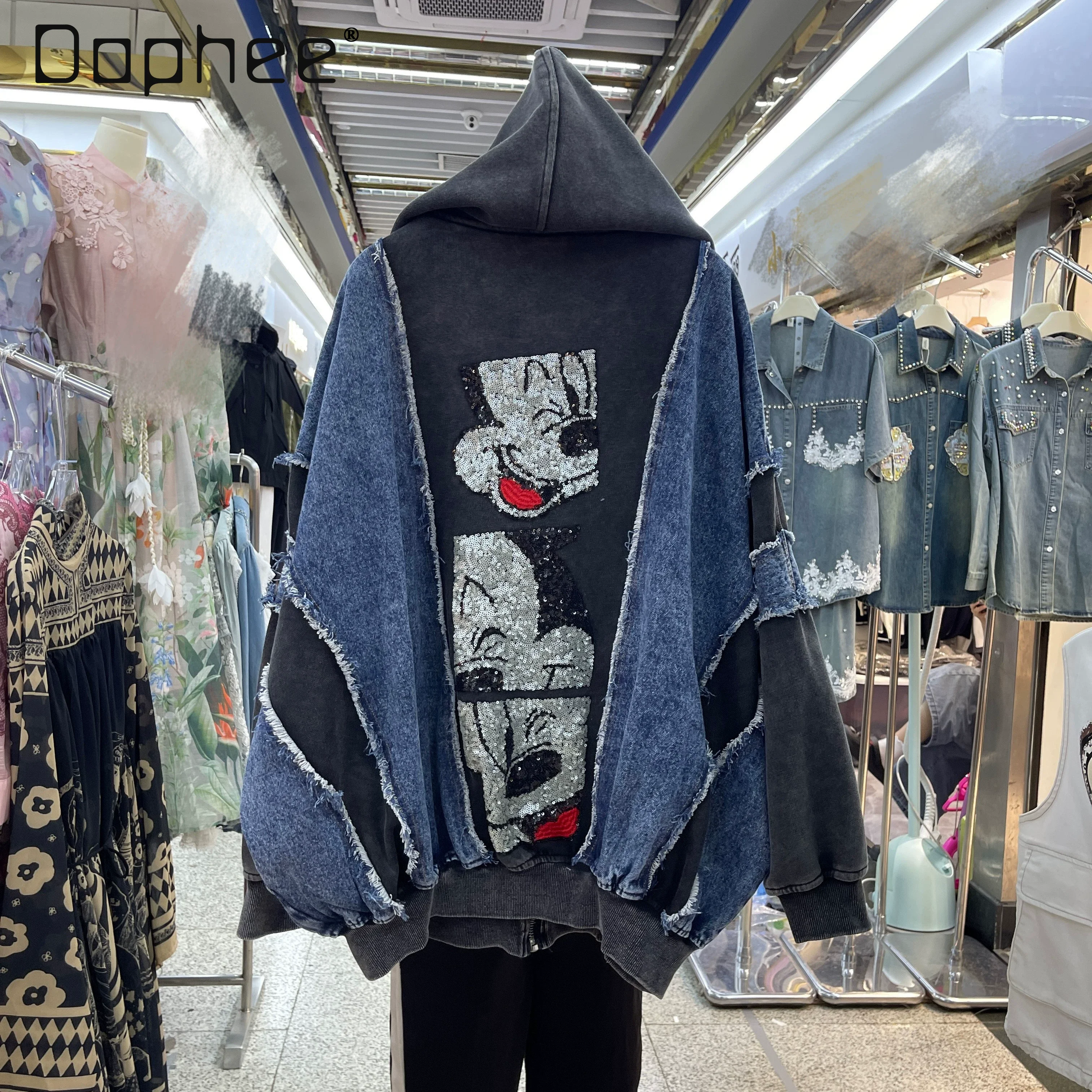 

European Style Trendy Brand Heavy-duty Button Washed Thin Cartoon Short Jacket Drop Shoulder Sleeve Korean Version Top