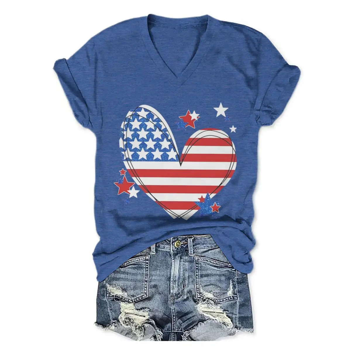 USA Flag Heart Design Short Sleeve Tee Usa Flag Design for Independence Day V Neck T-Shirt Usa Flag Tee 4th of July Classic Tops