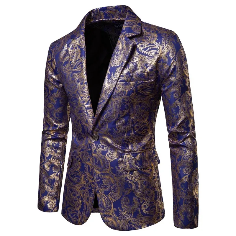 New Men\'s Slim Long-sleeved  Fashion Suits Shiny Bronzing Printed Suits Groomsmen Dress Jackets