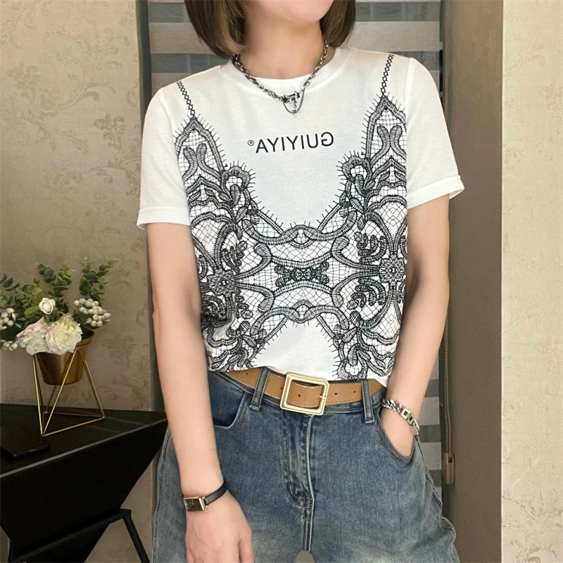 Womens Clothing 2023 Summer Trendy Lace Graphic Printed Streetwear Y2K T-shirts Female Casual O Neck Short Sleeve Tees Chic Top