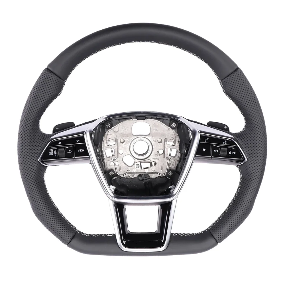 For Audi A6 C8 Multifunctional Punched Leather White Stitching Flat Bottomed Steering Wheel With Paddles Key Button Assembly