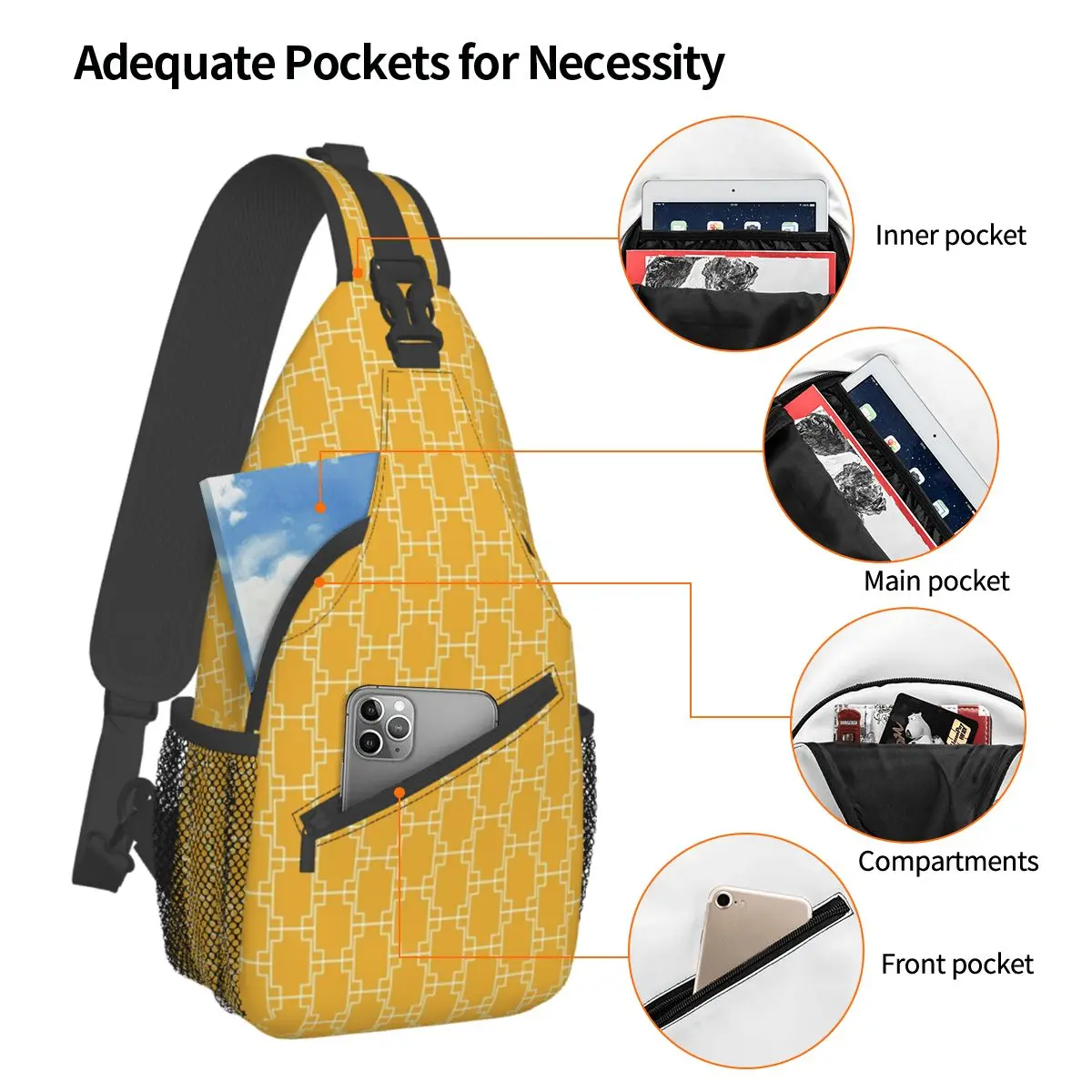 Mustard Yellow Geometric Crossbody Sling Bags Small Chest Bag Vintage White Line Shoulder Backpack Daypack Hiking Outdoor Travel