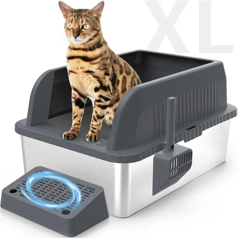

Stainless Steel Cat Litter Box, XL Extra Large Enclosure Box with Lid for Small Big Cats, Double Pedal Filter Metal High Sided