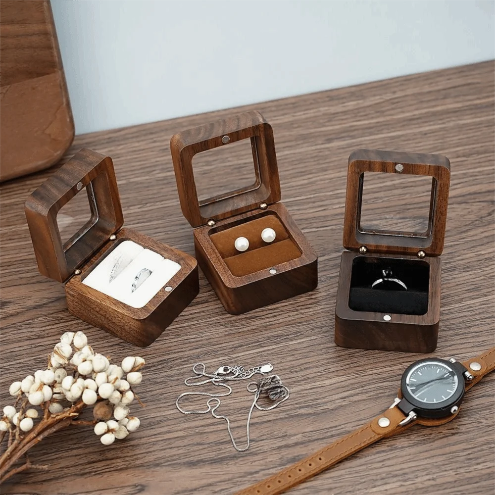 

Wooden Ring Organizer Case Window Open Microfiber Lining Jewelry Storage Box Handmade Romantic Ring Display Box Wedding Propose