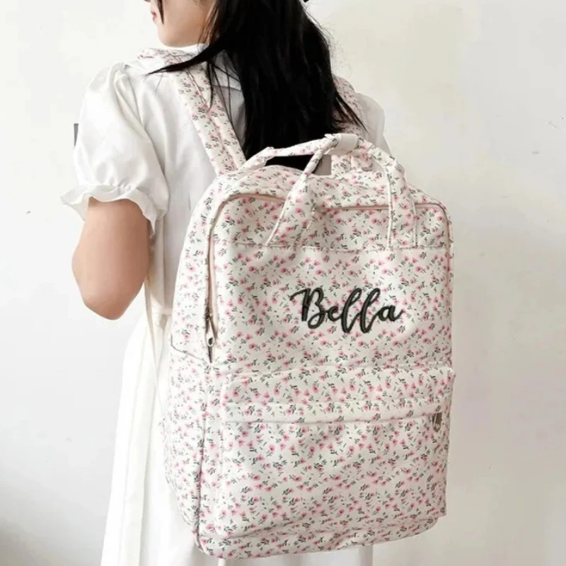 

Custom Name Floral Decoration Backpack - Japanese Academy Style SchoolBag for Girl Campus Daily School Perfect for Birthday Gift
