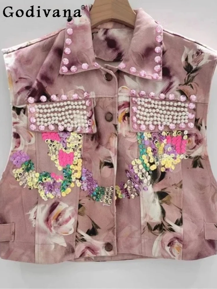 

2025 Summer European American Handmade Beads Embroidered Sequined Flower Vest Fashion Heavy Industry Temperament Short Pink Top