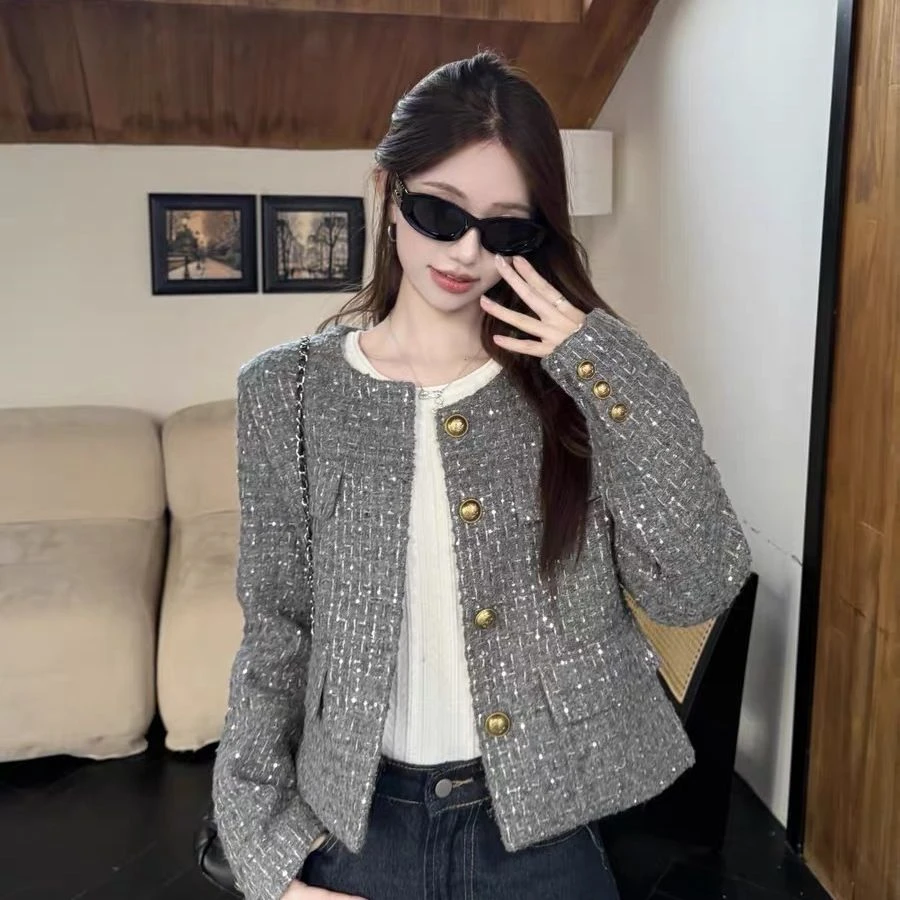 Shiny Black Small Fragrance Style Jacket Women's Thin New 2026 Spring Autumn Elegant Lady Rich Girl Top Button Detail Sequin ...