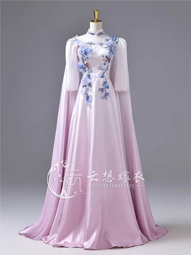 Retro-style stand-up collar long-sleeved light purple patterned long performance host dress