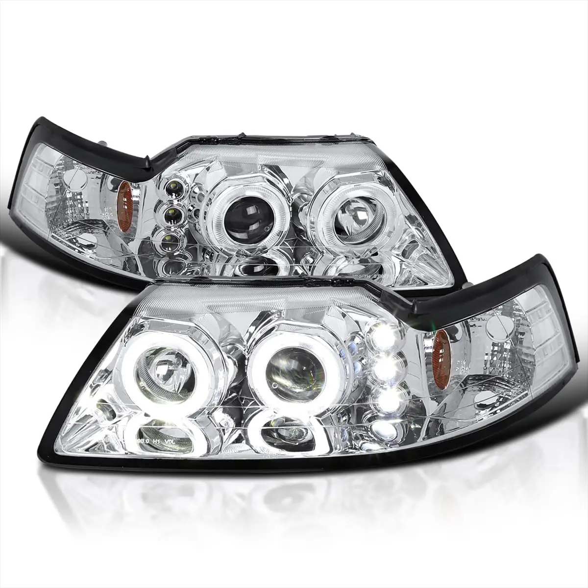 Dual LED Halo Ring Projector Headlights - Left & Right Headlamp Assemblies Compatible with 1999-2004 Ford Mustang, Chrome Housin