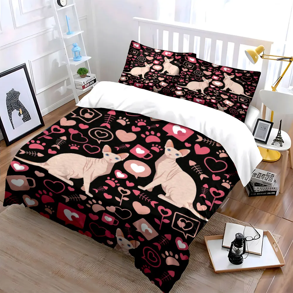 Sphynx Cat Pink Heart Fishbone Duvet Cover Set, Black Base Gothic Girly Bedding Includes 1 Duvet Cover And 2 Pillowcase, Gift