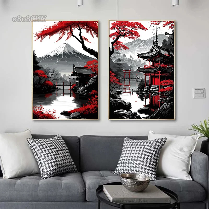 الأسود والأحمر المناظر الطبيعية اليابانية قماش اللوحة طباعة HD الملصقات مجردة صور فنية للجدران لغرفة المعيشة الديكور جدارية #5