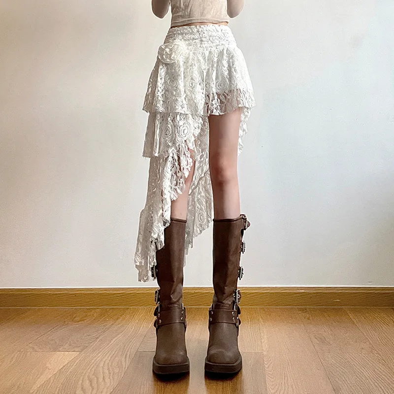 Y2K Asymmetric Skirt Women Summer Lace Splicing Flower Sweet Wind Half Length Short