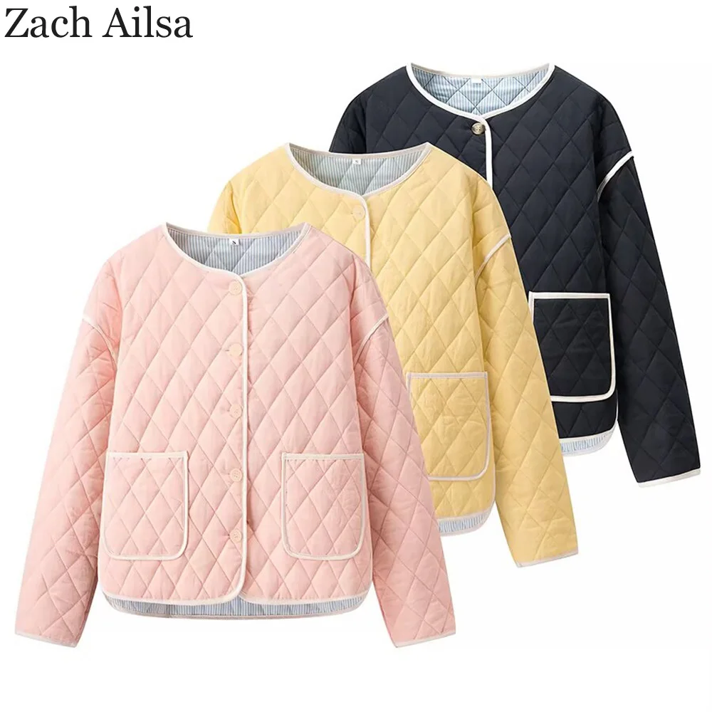 

European and American women's solid color pocket decoration diamond loose cotton coat jacket cotton jacket top