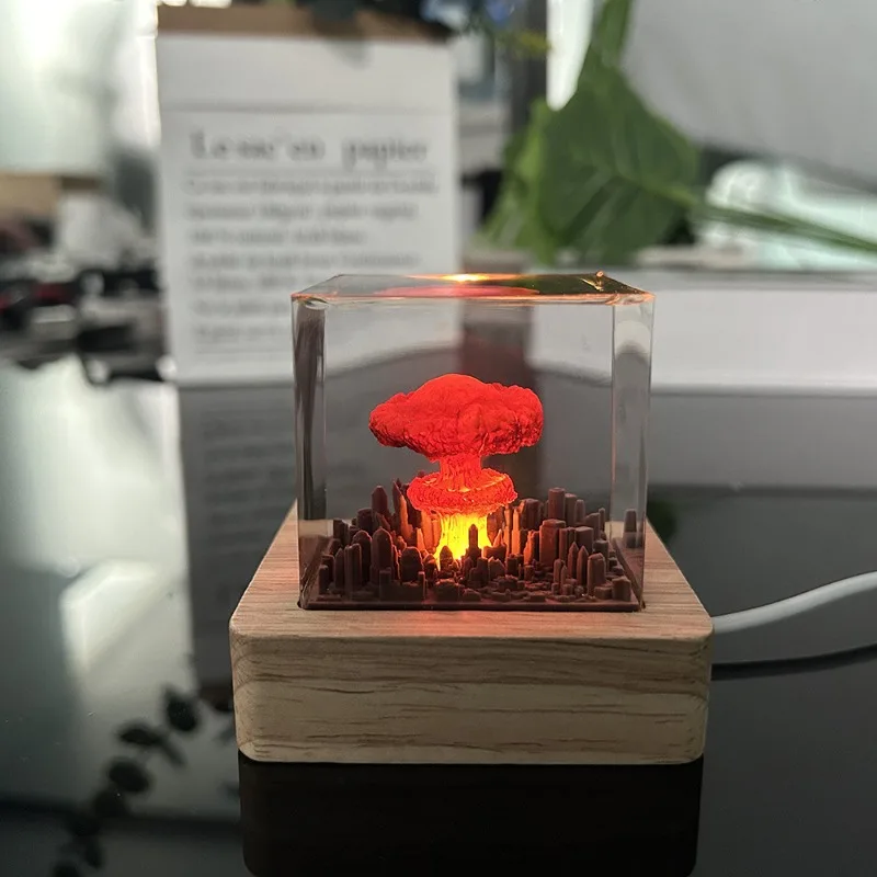 Mushroom Cloud Resin Art Craft, Jurassic Volcanic Eruption Creative Office Desk Ornament with LED Light,Unique Birthday Gift