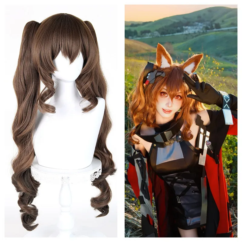 Already Styled Gilberta Cosplay Wig Game Arknights Brown Long Double Ponytail Clip Synthetic Wavy Wigs for Halloween Party