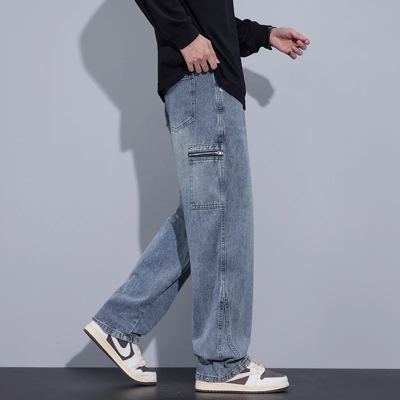 2024 New Korean Fashion Men's Baggy Jeans Classic All-match Solid Color Straight-leg Denim Wide-leg Pants Male Blue