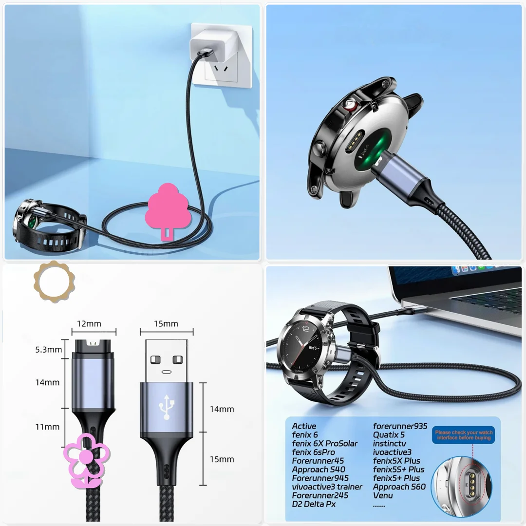 Replacement 1.2m USB Data Cable for Garmin Forerunner 945 255 935 245 Fenix 8 7 6 5 Vivoactive 3 Venu 2 2S Kit