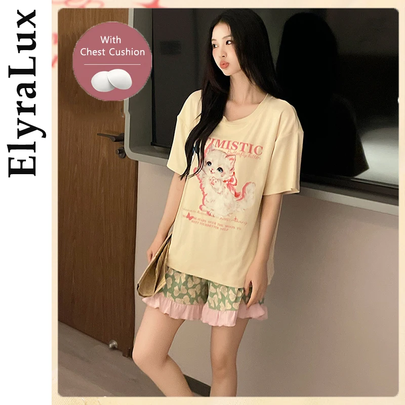 

ElyraLux Summer Women's Pajamas Set Short-Sleeved Loose Homewear Two Piece Babydooll woman Junior Pajamas Nightgown