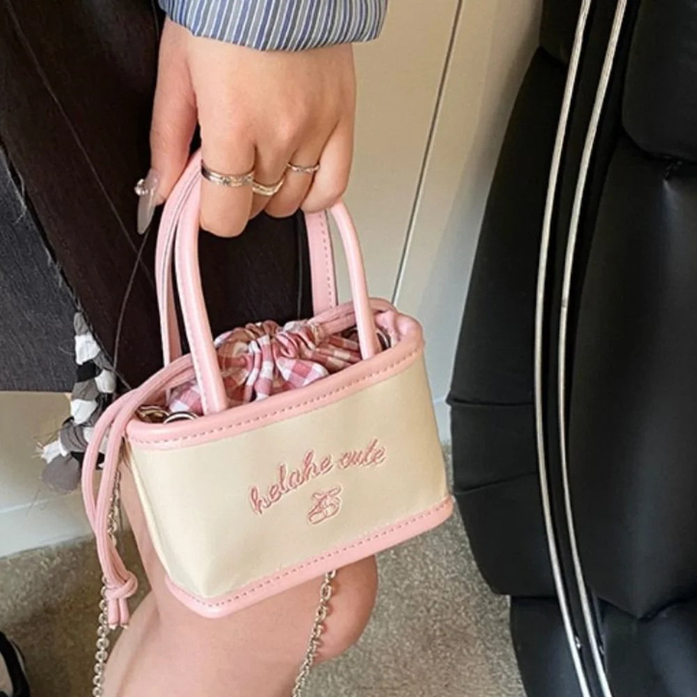

Cute Korean Style Drawstring Bucket Bag Embroidery Plaid PU Crossbody Bag Tote Bag PU Leather Children Shoulder Bag Outdoor