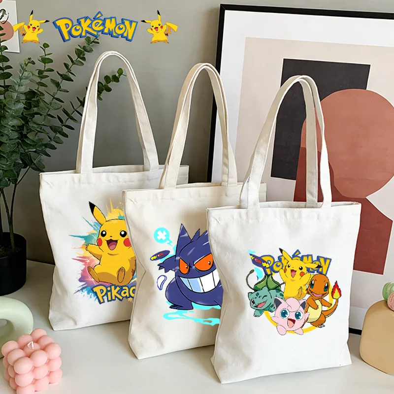 

Pokemons Kawaii Canvas Bag Pikachus Fashion Women Shoulder Pockets Men Large Capacity Shopping Bags Cartoon Storage Pouch Gifts