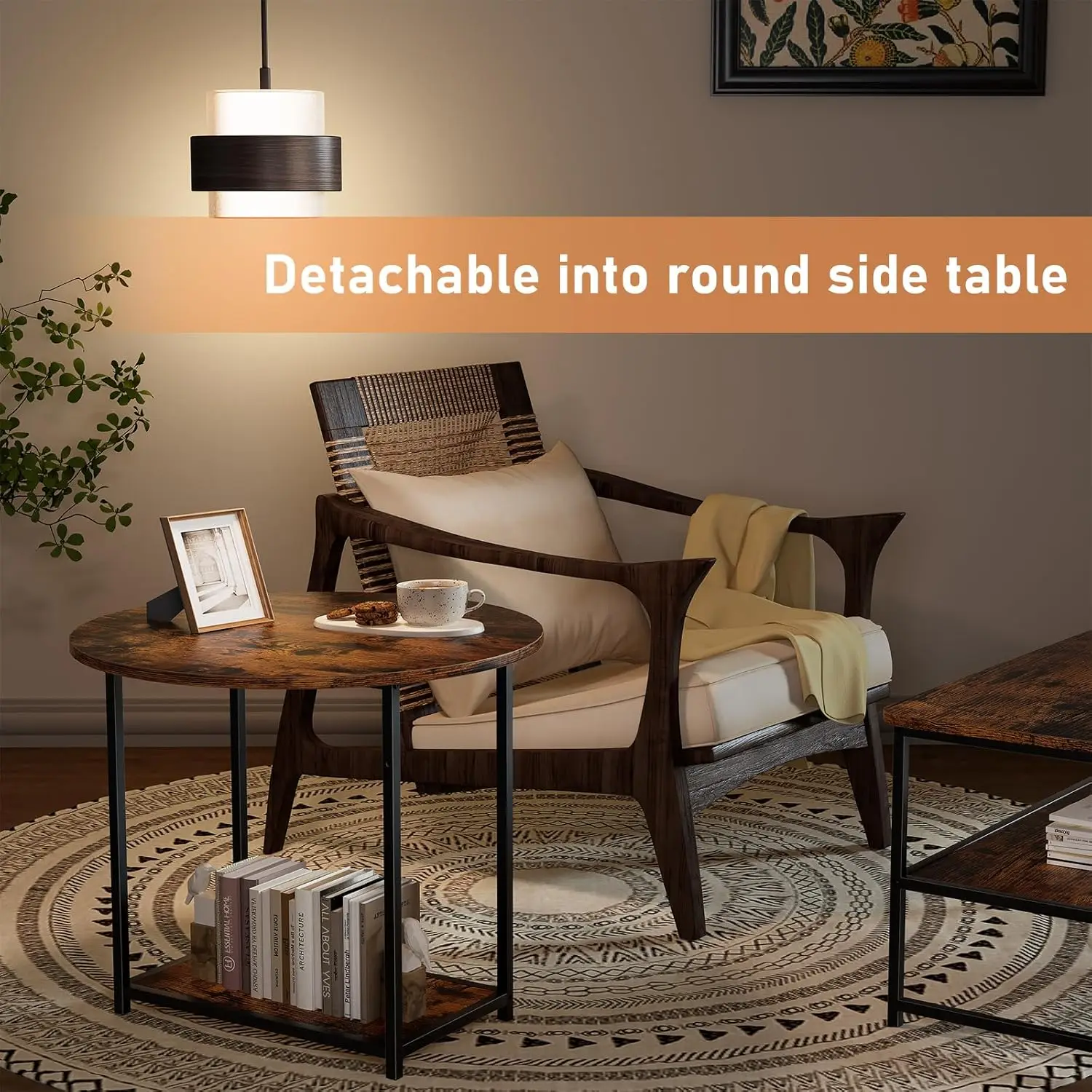 Modern Detachable Nesting Coffee Table Set, Rustic Farmhouse Design with Storage for Living Room, Brown