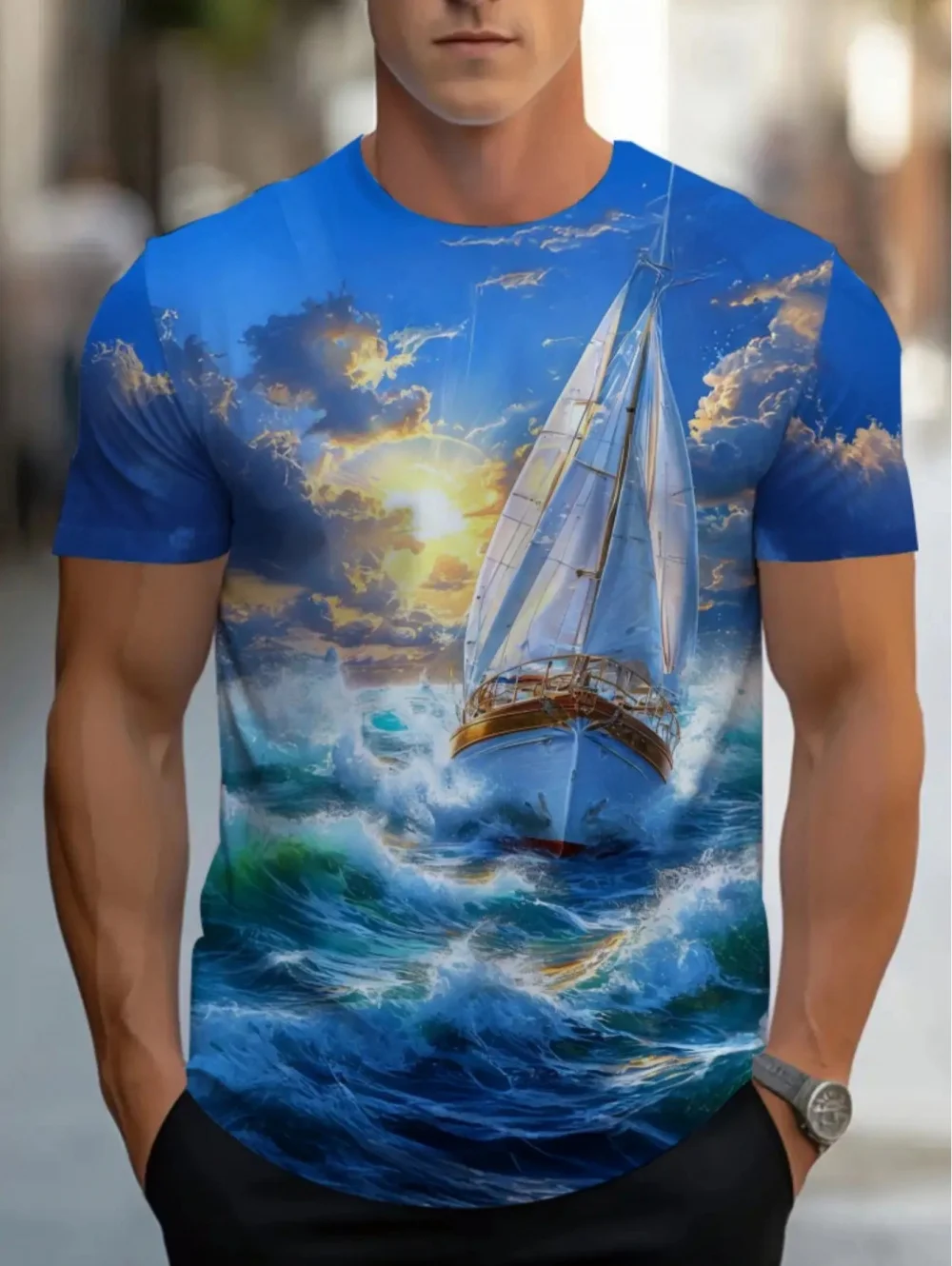 Vintage Mens 3D Sailing Ship Graphics Print T-Shirt Round Neck Short Sleeve Tee Tops Harajuku Y2k Summer Oversize Man Clothing