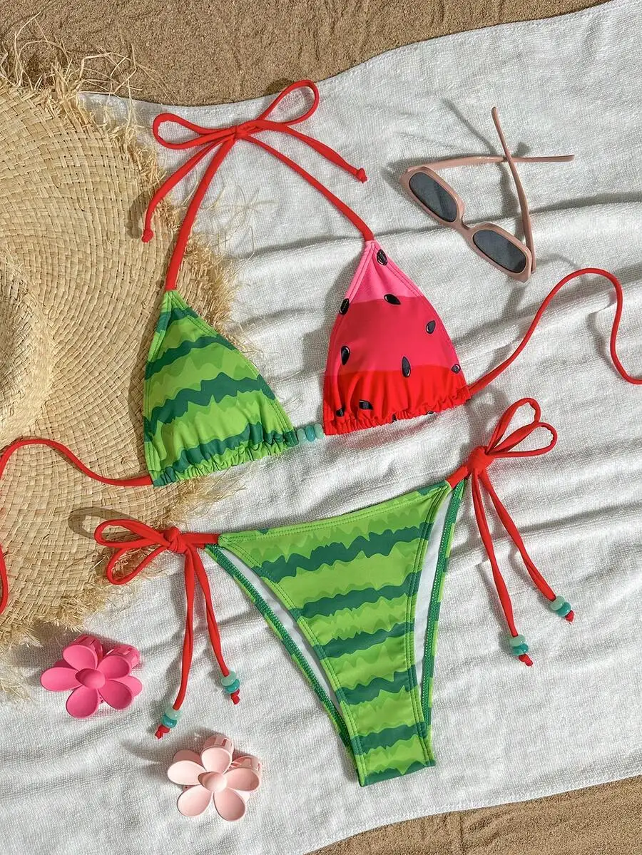 Conjunto de bikini triangular con estampado de sandía para mujer, para la playa y el verano