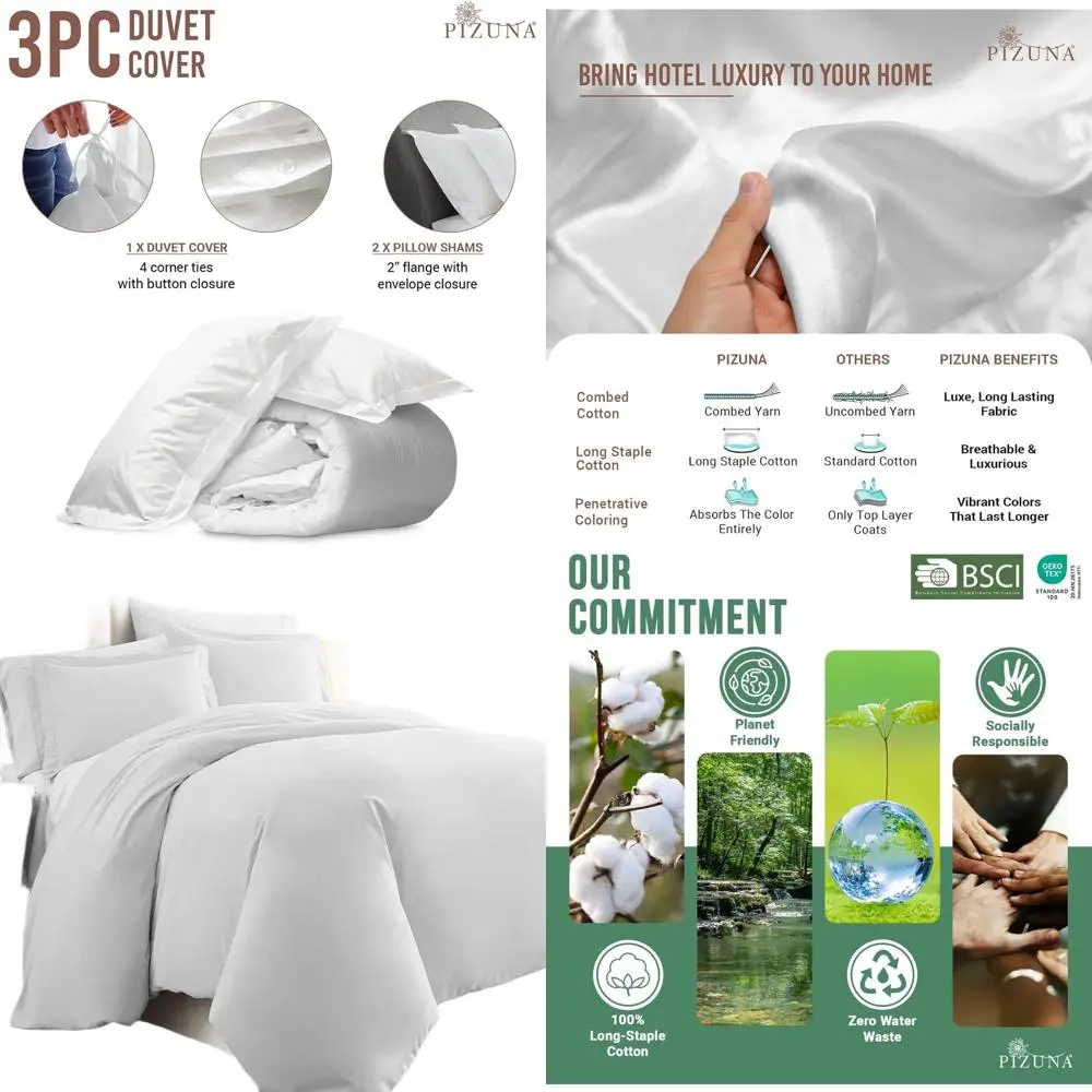 

Luxury 400TC Long Staple Cotton Duvet Cover Set, Full Size, Button Closure, Pure White