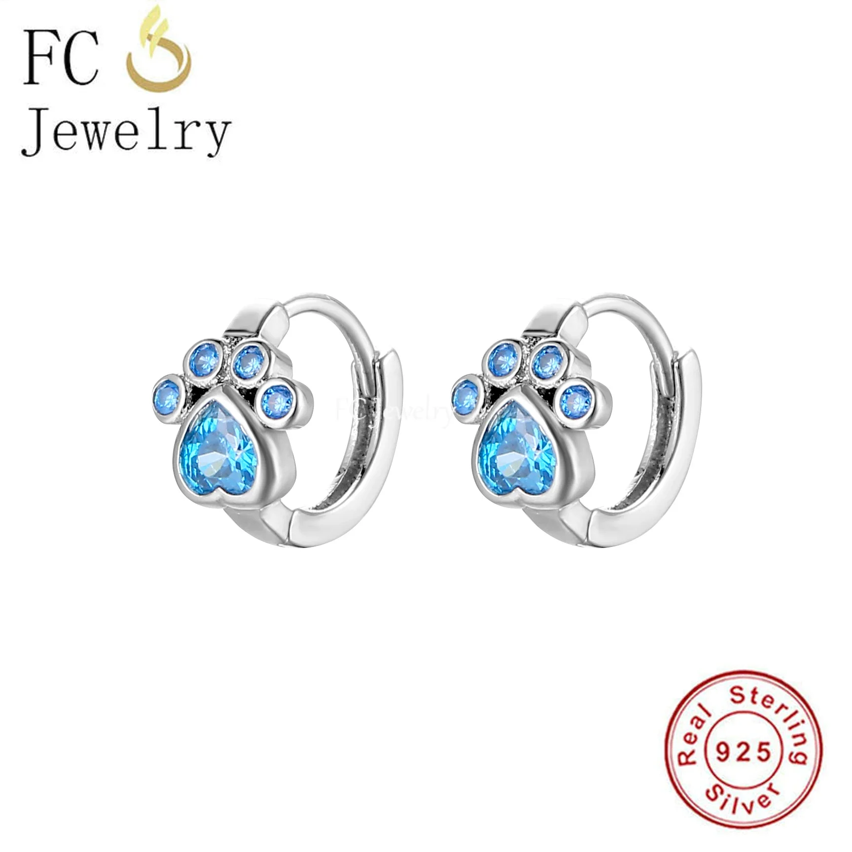 FC Jewelry 925 Sterling Silver Minimalist Pink Blue Zircon Dog Paw Huggie Hoop Earrings Girl Women Girl Love My Dog Brincos DIY