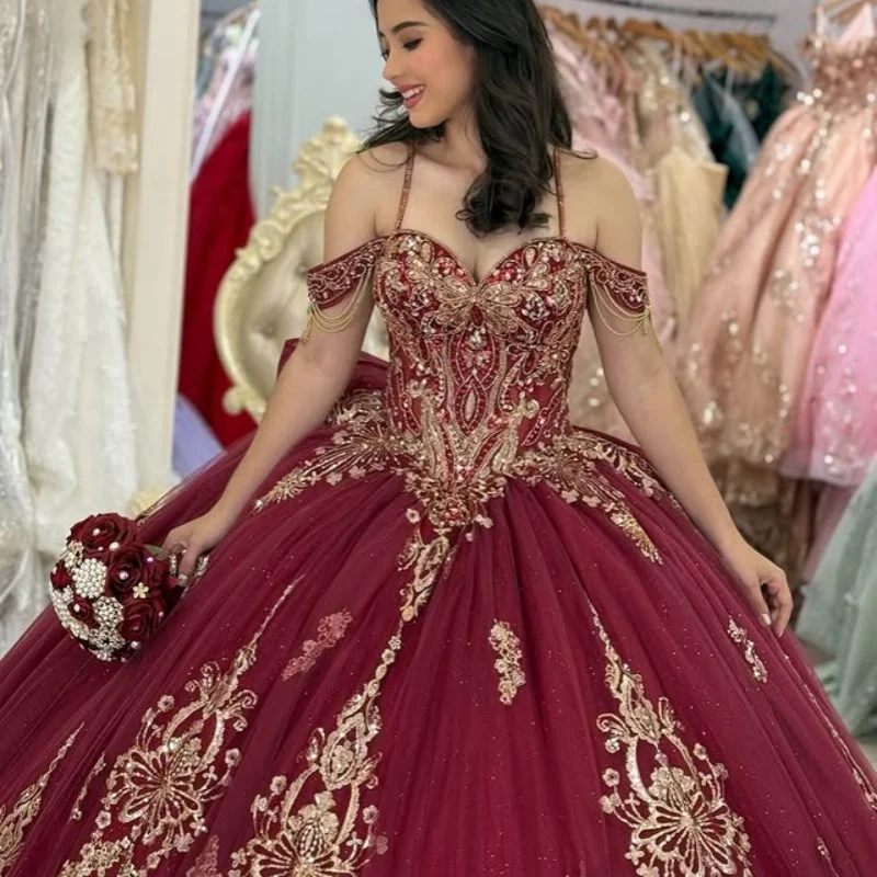

Customized burgundy Quinceanera Dresses Off the Shoulder crystal sequin applique Lace Big Bow Long tail Vestido 15 Quinceanera
