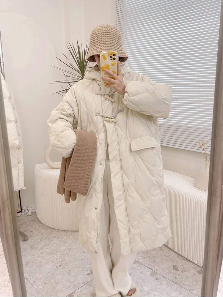 

2022 Winter New Down Jacket Women's Hooded Loose White Duck Down Jacket Long Sleeve Solid Color Warm Coat Casaco Feminino