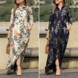 Long-sleeve cotton dress for Muslim women, casual dress, floral printed, long-sleeve, with Button, Islamic, Turkish abaya