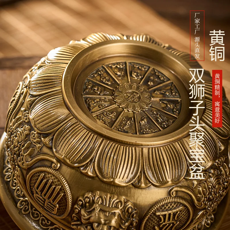 Double Lion's Head Cornucopia Vintage Brass Carving Creative New Chinese Style Copper Ornaments Baifu Cylinder Crafts Copper Pro