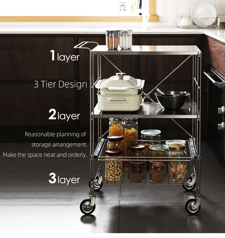 SHIMOYAMA Stainless Steel 3 Tier Heavy  Commercial Grade Food Storage Trolley Service Utility Rolling  with Handle Bar