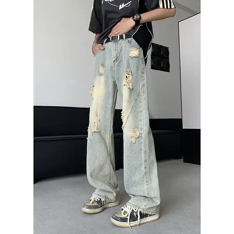 

Retro Cuffed Ripped Jeans Men Summer Thin Straight Leg High Street Cool Washed Long Pants Business Casual Slim Fit Jeans