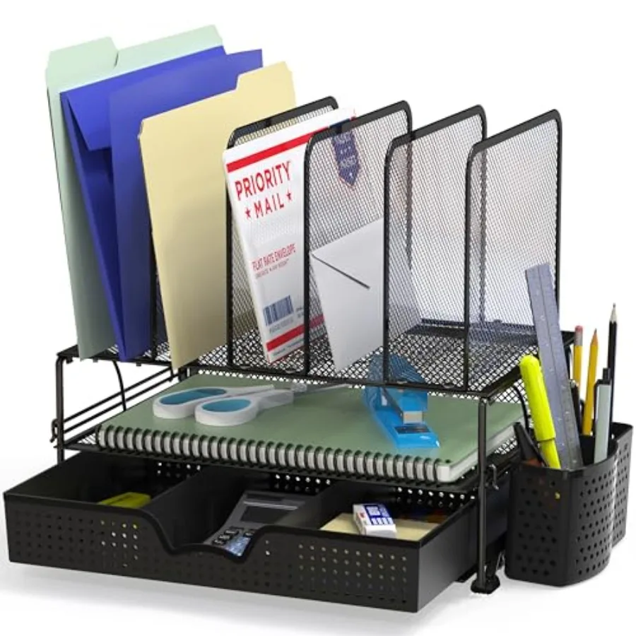 

Mesh Desk Organizer with Sliding Drawer Double Tray and 5 Upright Sections Black