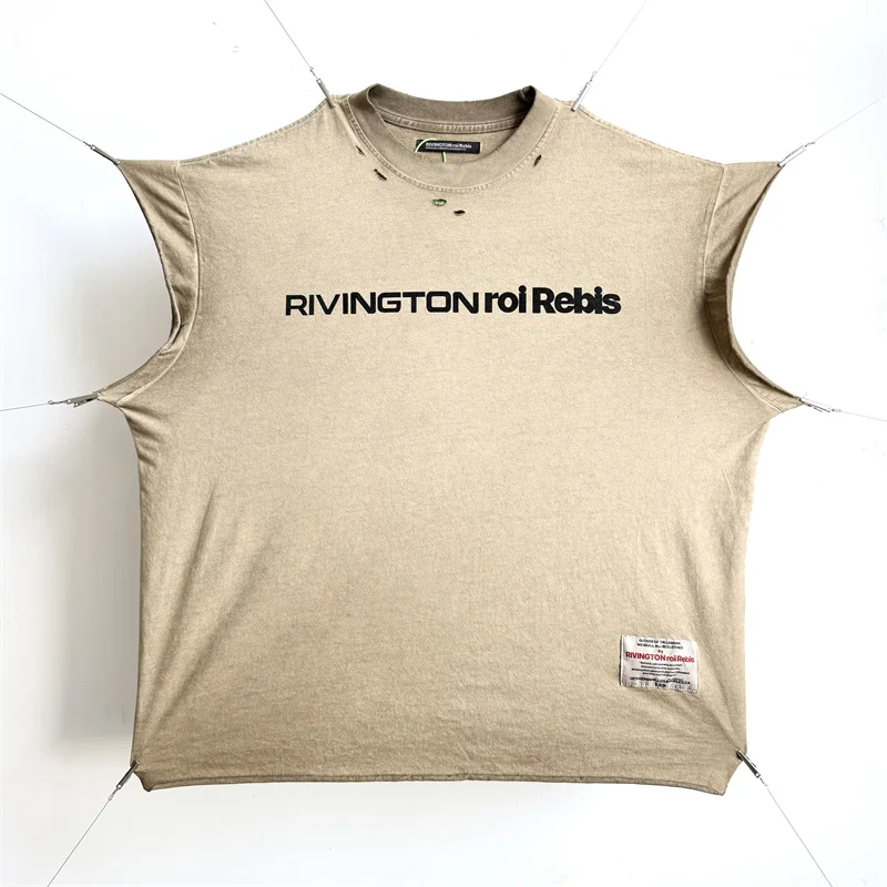 

Лучшее качество, мужская и женская футболка большого размера с рваными рукавами RRR123, потертая бежевая хлопковая футболка с буквенным принтом High Street