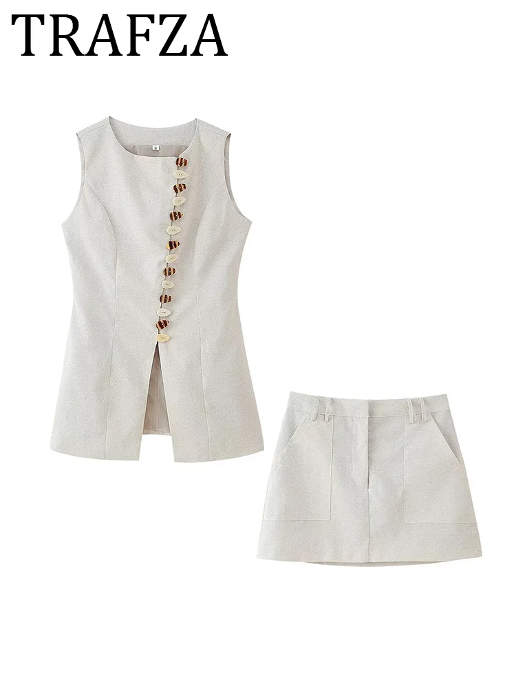 

TRAFZA Mini Skirt Sets For Women Sleeveless Shell Button Top Vest+High Waist Skort Short Skirt Two Pieces Outfit 2025 Fashion Su