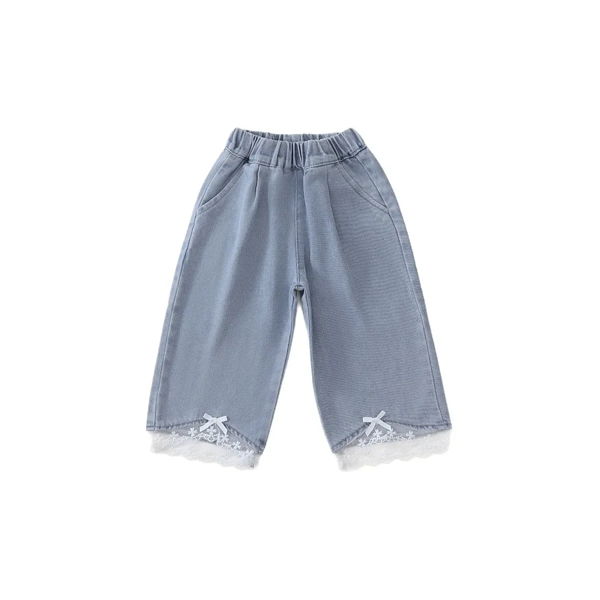 جينز دانتيل للأطفال 2025 منتج جديد لصيف الطفل النسخة الكورية سراويل عصرية من قماش الدنيم الناعم المغسول