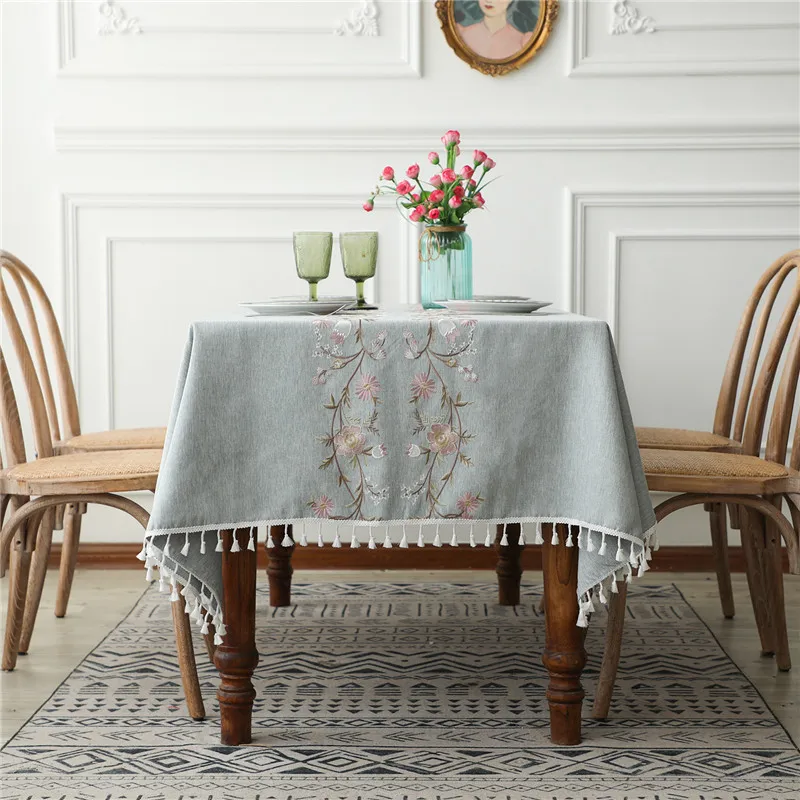 Floral Embroidery Tassel Tablecloth, Cotton Linen, Dust Proof Table Cover, Kitchen, Dining Room,Home Party, Tabletop Decor