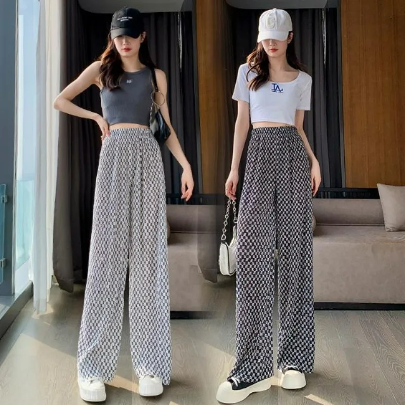 Black White Pleated Ice Silk Wide-leg Pants Women's 2025 Summer High Waist Drape Straight Tie-dye Casual Floor-mopping Trousers