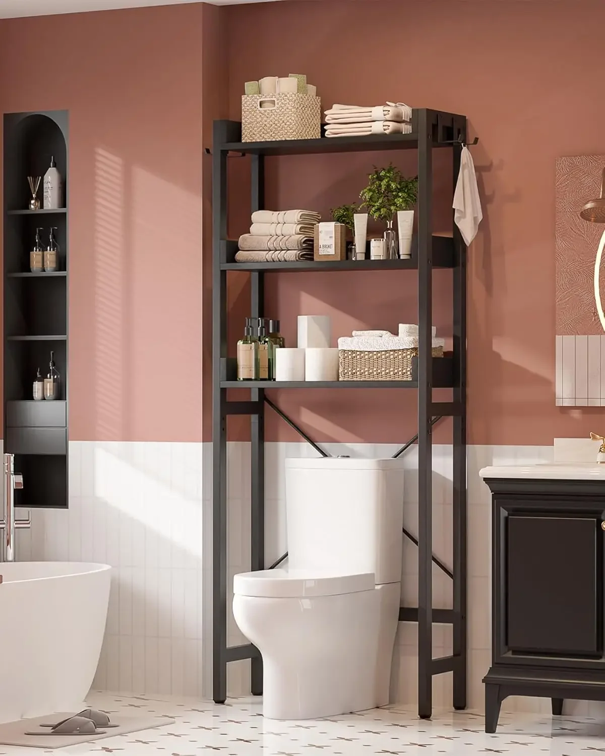 

Over-The-Toilet Storage Rack, 3-Tier Bathroom Organizer Shelf Over Toilet, Freestanding Space Saver Stands with 4 Hooks, Black