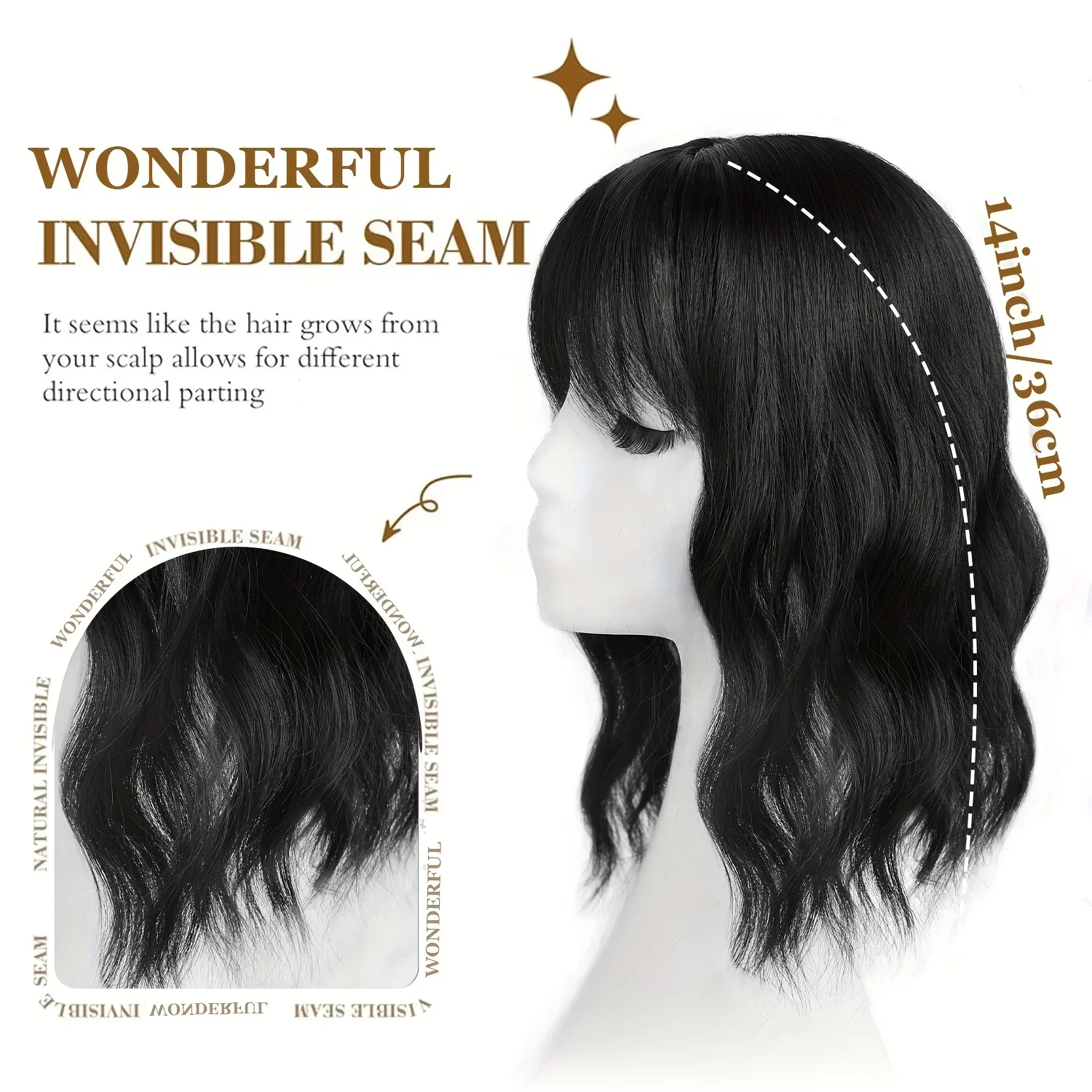 14 - Inch Wavy Hair Toppers for Women: Synthetic Wiglets with Bangs - Clip - In Hair Pieces for Seamless Volume and Style