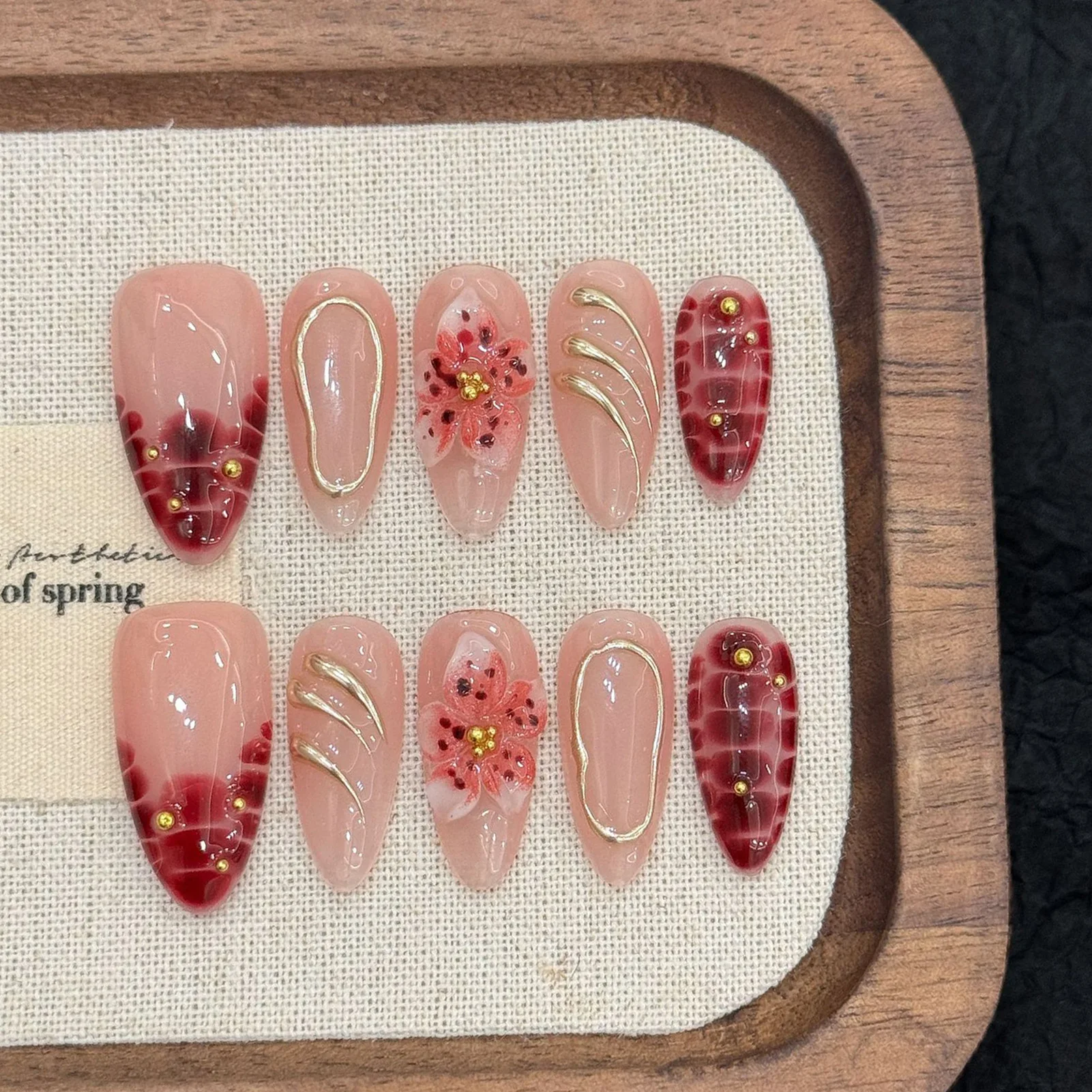 

Накладные ногти ручной работы, миндалевидные накладные ногти, 3D цветочный декор, модный блестящий дизайн ногтей, носимые французские леопардовые французские накладные ногти