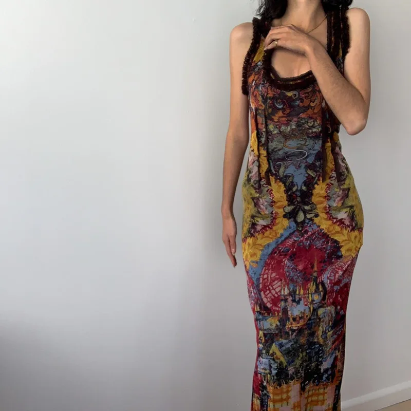 

Vintage Color Oil Painting Print Sleeveless Long Dress Women Sexy Low Cut Backless Leace-up Package Hip Maxi Dresses Streetwear