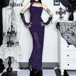 Goth Dark Cyber Y2K Print Straps Maxi Dress Women Elegant Slim Outfits Sexy Mesh Sheer Hem Split Dresses Mall Goth Party Vestido